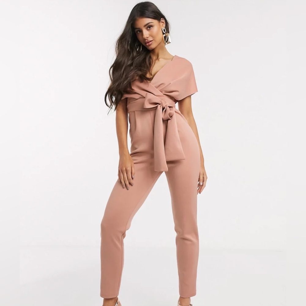 ASOS DESIGN Fallen shoulder scuba jumpsuit in blush